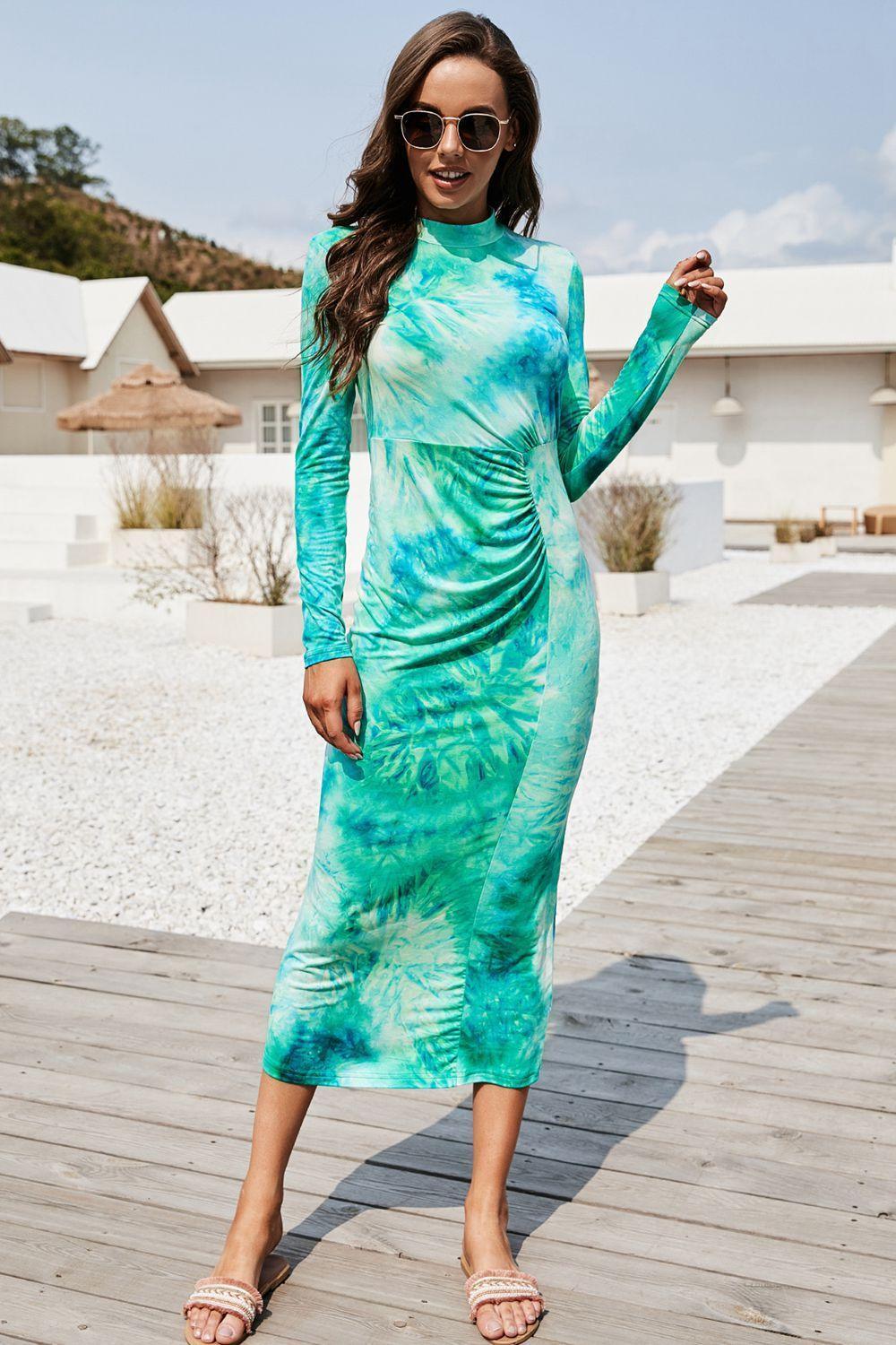 Figure-Friendly Bodycon Long Sleeve Tie Dye Dress - MXSTUDIO.COM