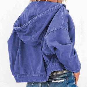 Flap Pockets Drawstring Hooded Denim Jacket - MXSTUDIO.COM