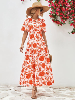 Flashy Floral A-Line Open Back Midi Dress - MXSTUDIO.COM