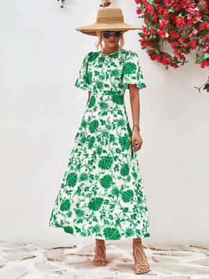Flashy Floral A-Line Open Back Midi Dress - MXSTUDIO.COM