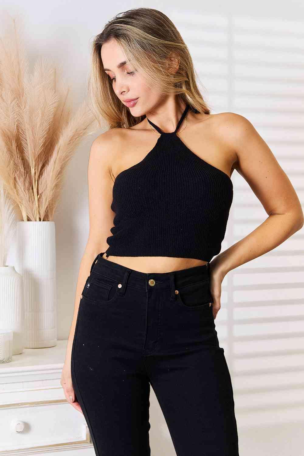 Flattering Look Ribbed Knit Black Halter Neck Crop Top - MXSTUDIO.COM