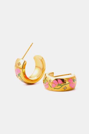 Floral Accent C-Shape Gold Plated Hoop Earrings - MXSTUDIO.COM