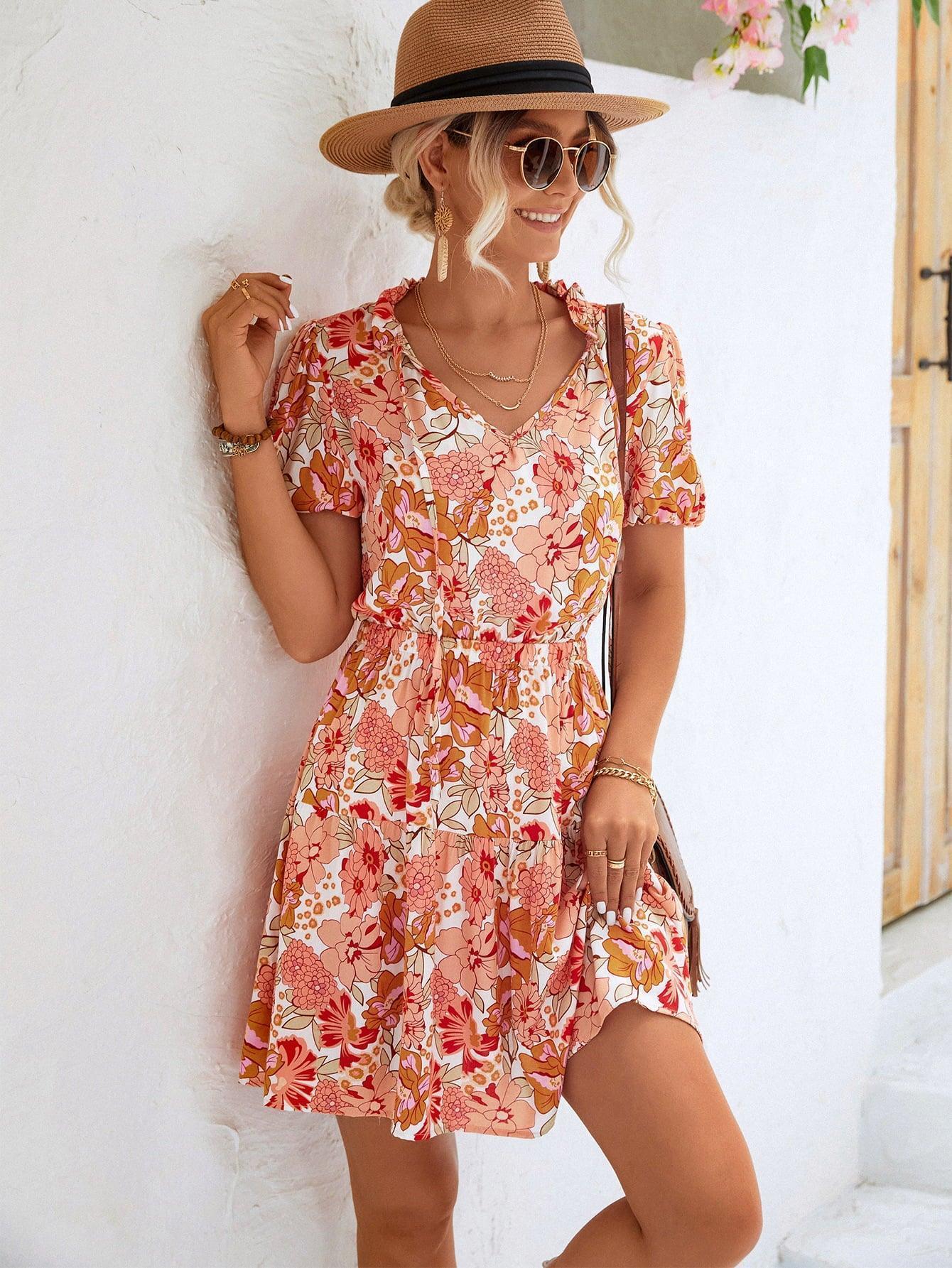 Floral Breeze Short Sleeve Summer Mini Dress - MXSTUDIO.COM