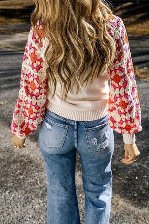 Floral Crochet Sleeve Crew Neck Knit Sweater-MXSTUDIO.COM