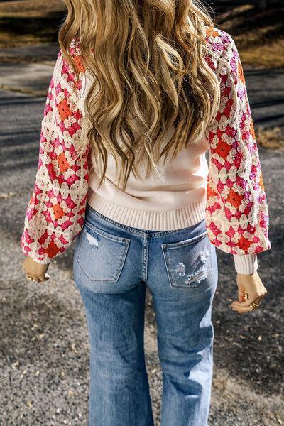 Floral Crochet Sleeve Crew Neck Knit Sweater-MXSTUDIO.COM