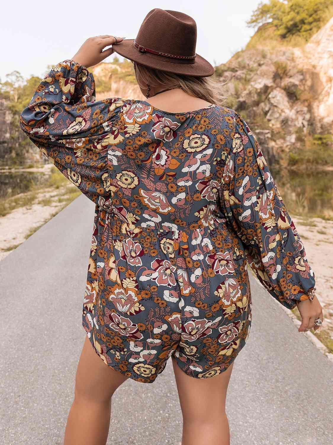 Floral Plus Size Long Sleeve Romper - MXSTUDIO.COM