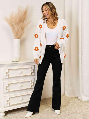 Flower Accent Dropped Shoulder Open Front Cardigan - MXSTUDIO.COM