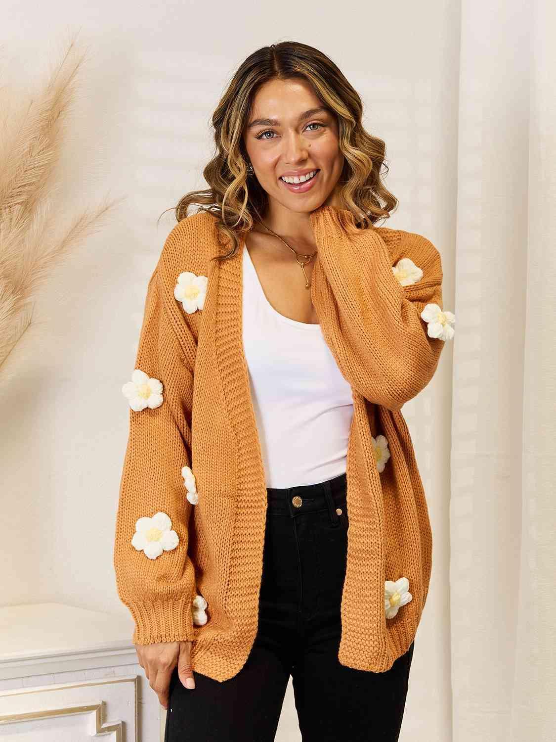 Flower Accent Dropped Shoulder Open Front Cardigan - MXSTUDIO.COM