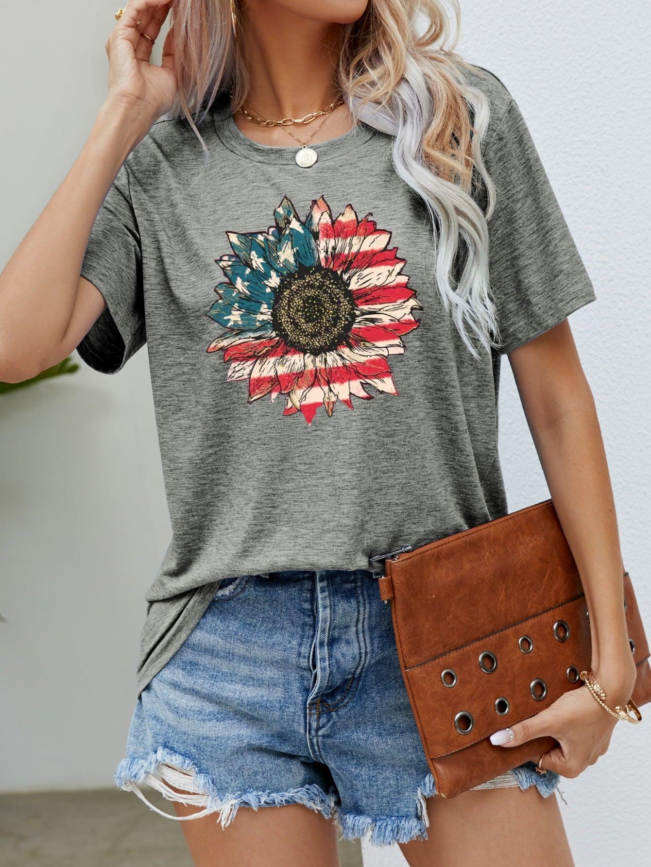 Flower Short Sleeve American Flag T Shirt - MXSTUDIO.COM