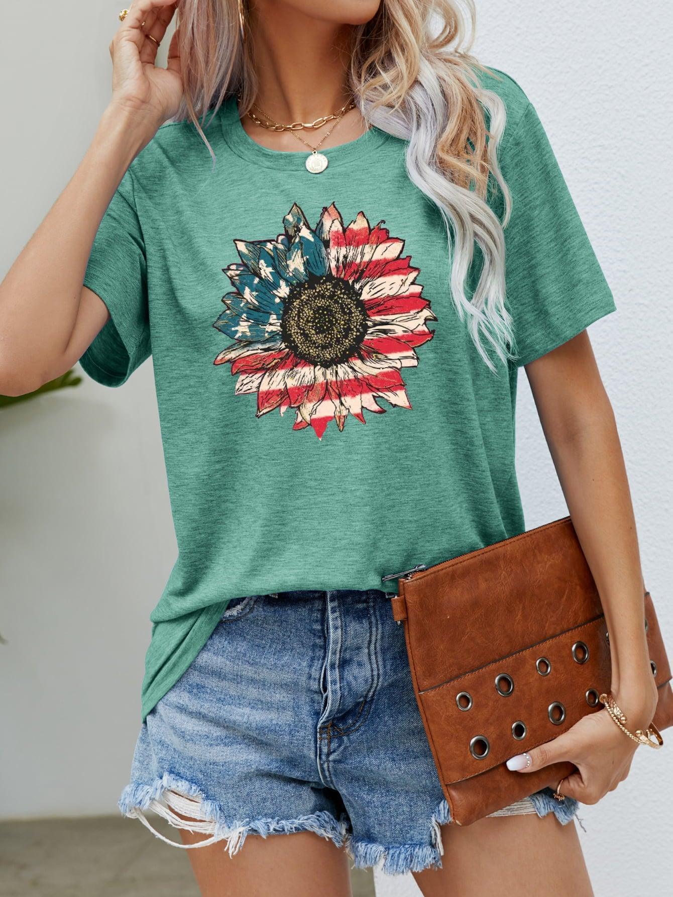 Flower Short Sleeve American Flag T Shirt - MXSTUDIO.COM