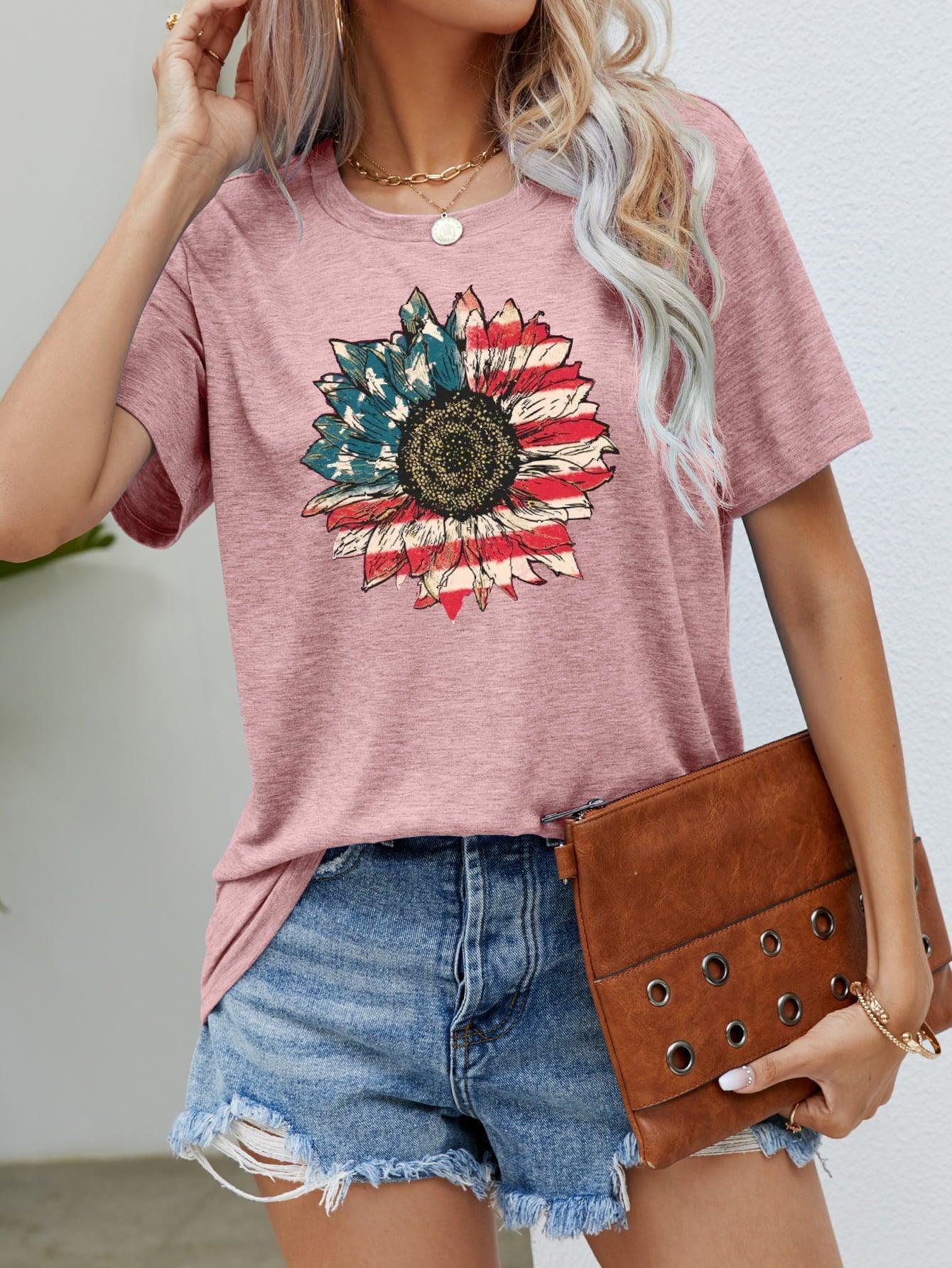 Flower Short Sleeve American Flag T Shirt - MXSTUDIO.COM