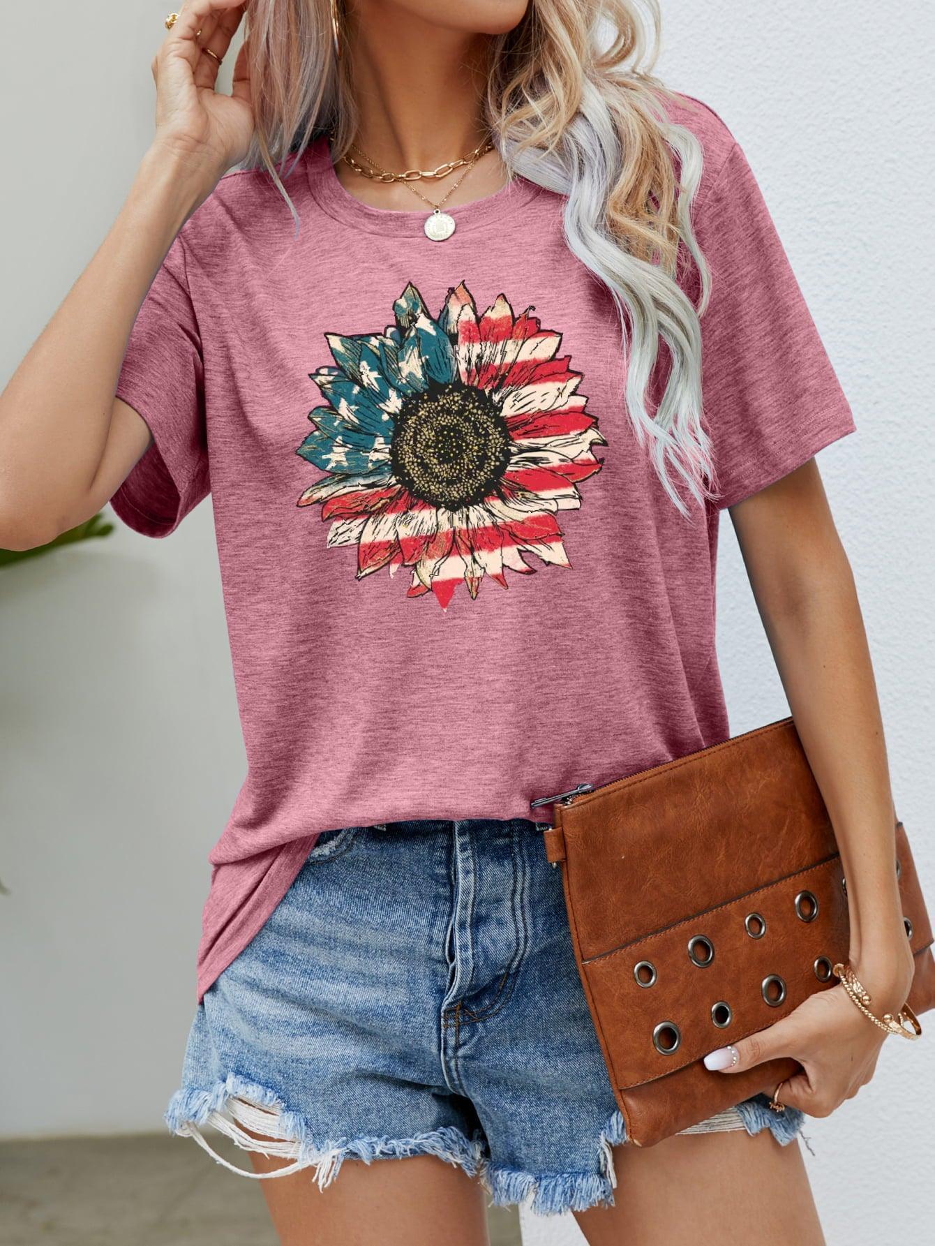 Flower Short Sleeve American Flag T Shirt - MXSTUDIO.COM