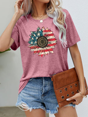 Flower Short Sleeve American Flag T Shirt - MXSTUDIO.COM