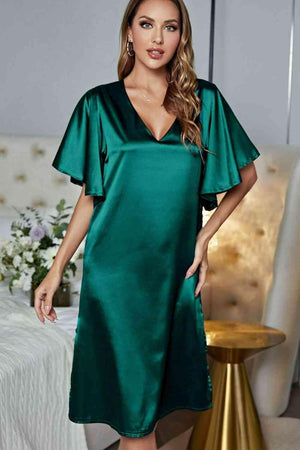 Flutter Sleeve Satin V Neck Nightgown - MXSTUDIO.COM