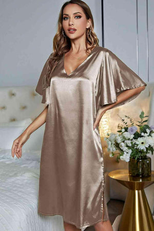 Flutter Sleeve Satin V Neck Nightgown - MXSTUDIO.COM