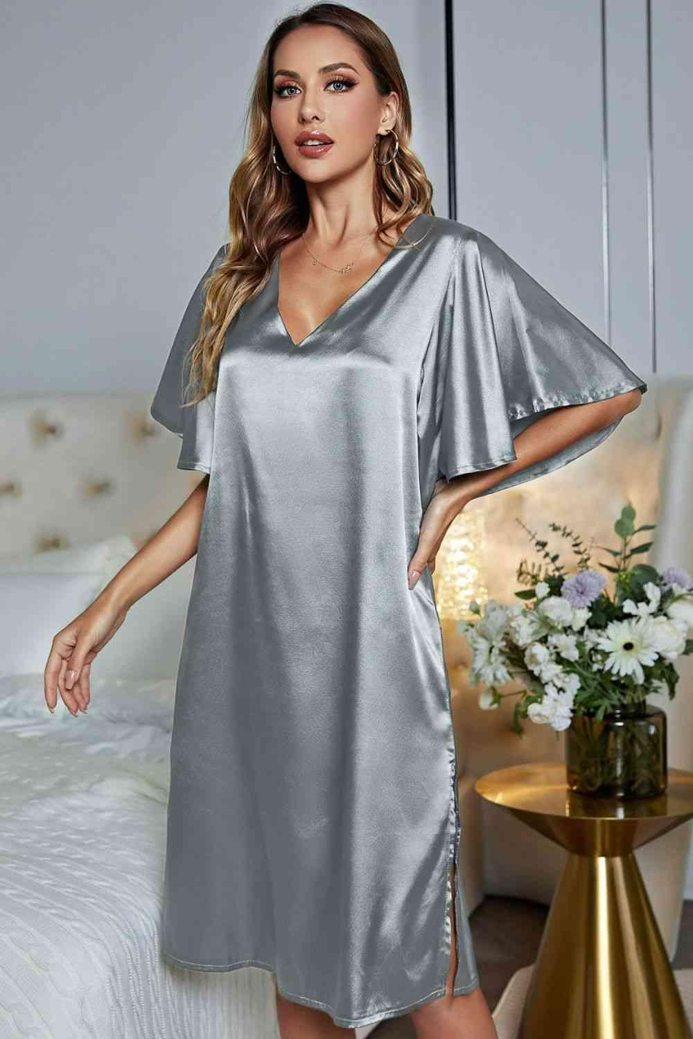 Flutter Sleeve Satin V Neck Nightgown - MXSTUDIO.COM
