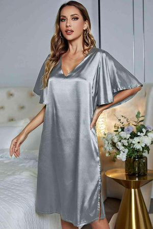 Flutter Sleeve Satin V Neck Nightgown - MXSTUDIO.COM