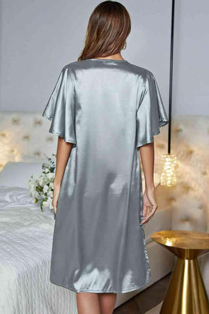 Flutter Sleeve Satin V Neck Nightgown - MXSTUDIO.COM