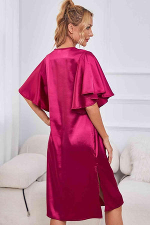 Flutter Sleeve Satin V Neck Nightgown - MXSTUDIO.COM