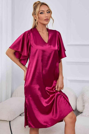 Flutter Sleeve Satin V Neck Nightgown - MXSTUDIO.COM