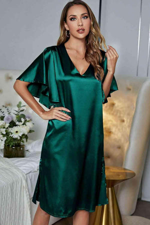 Flutter Sleeve Satin V Neck Nightgown - MXSTUDIO.COM