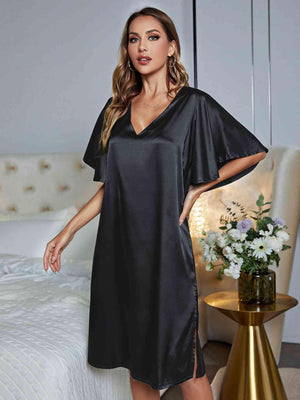 Flutter Sleeve V-Neck Black Nightgown - MXSTUDIO.COM