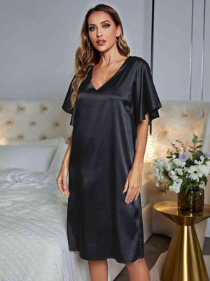 Flutter Sleeve V-Neck Black Nightgown - MXSTUDIO.COM
