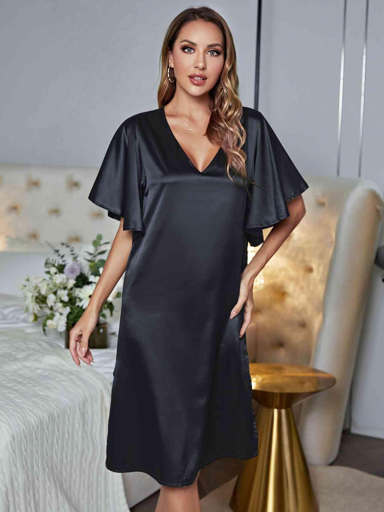 Flutter Sleeve V-Neck Black Nightgown - MXSTUDIO.COM