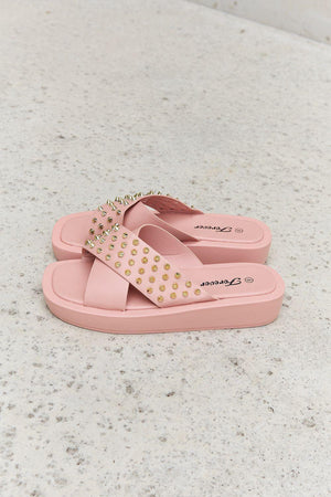 Forever Link Open Toe Studded Blush Cross Strap Sandals - MXSTUDIO.COM