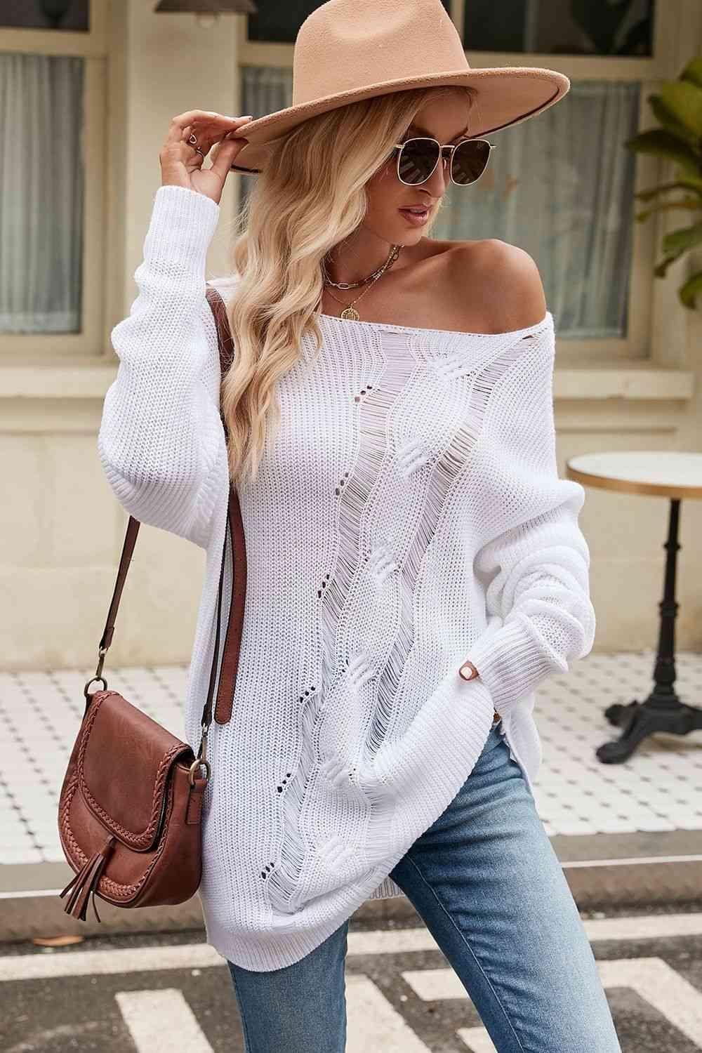 Free Spirited Boat Neck Distressed Sweater - MXSTUDIO.COM