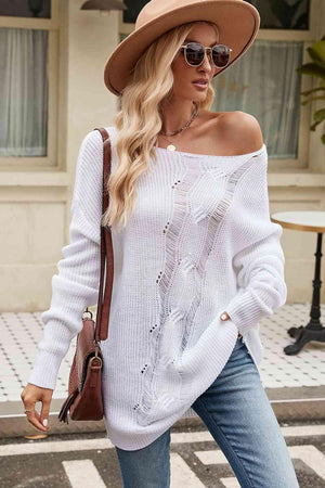 Free Spirited Boat Neck Distressed Sweater - MXSTUDIO.COM