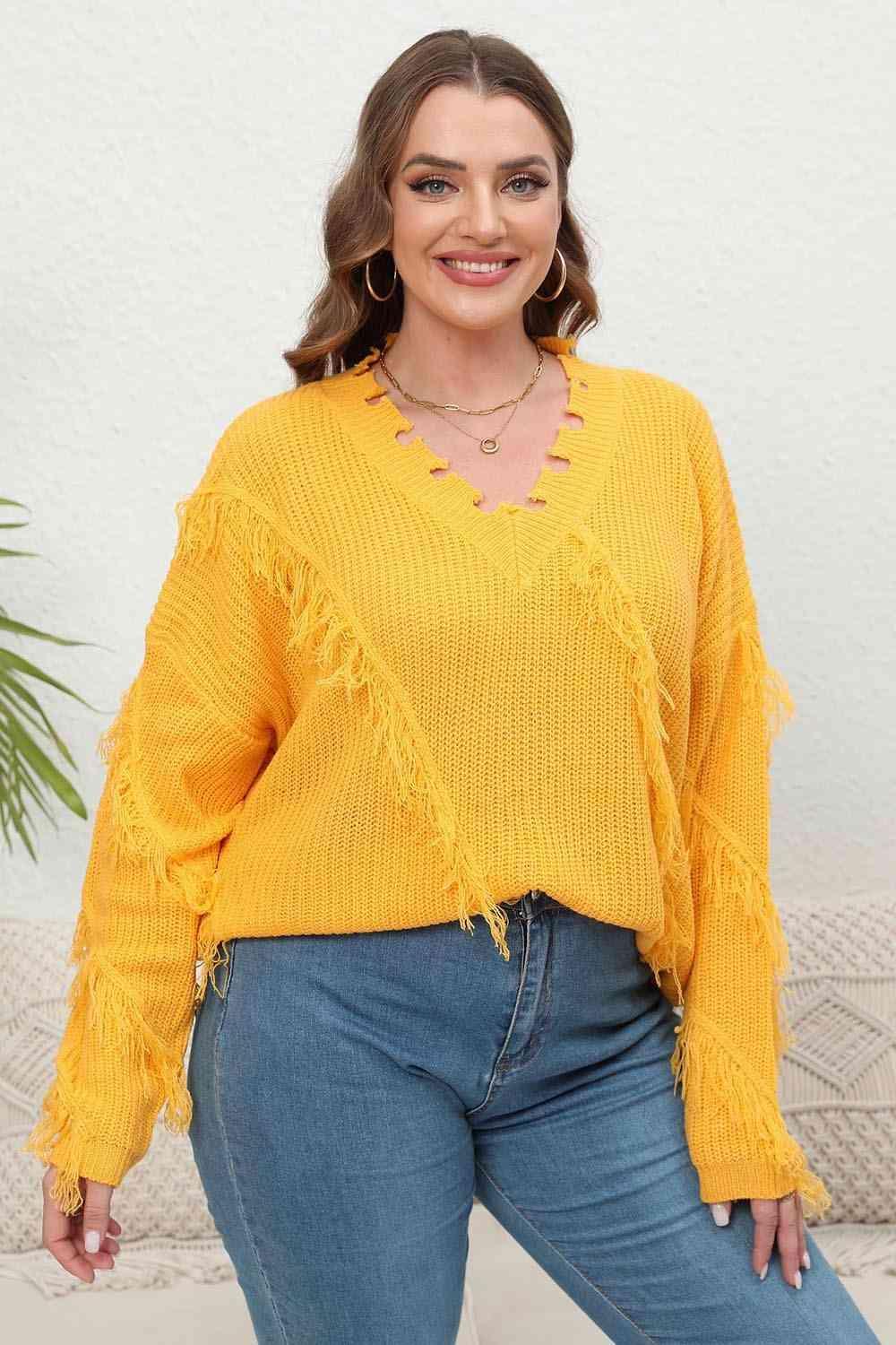 Fringe Accent Long Sleeve Plus Size Yellow Sweater - MXSTUDIO.COM