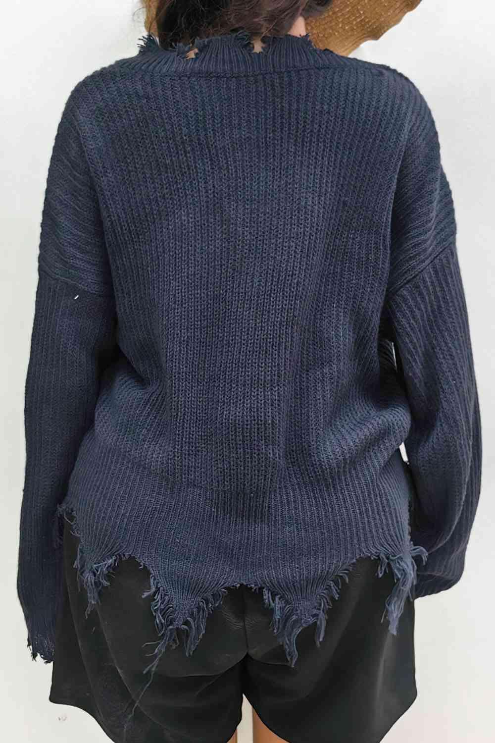Fringe Trim Plus Size Navy Blue Sweater - MXSTUDIO.COM