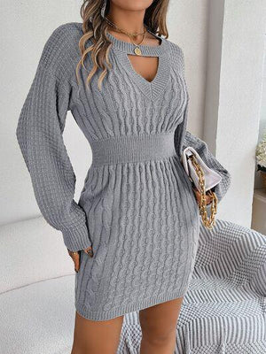 Front Cutout Cable Knit Mini Sweater Dress-MXSTUDIO.COM