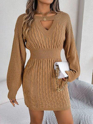 Front Cutout Cable Knit Mini Sweater Dress-MXSTUDIO.COM