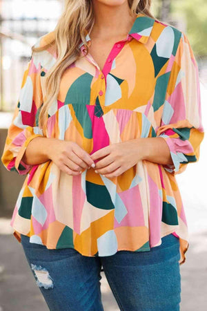 Full Of Fun Plus Size Half Buttoned Multicolor Blouse - MXSTUDIO.COM