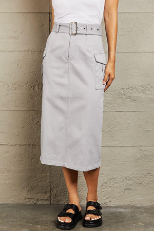 Function And Style Belted Midi Back Slit Skirt - MXSTUDIO.COM