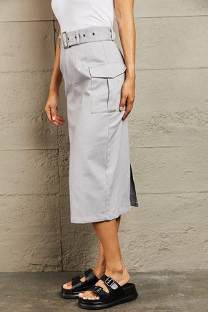 Function And Style Belted Midi Back Slit Skirt - MXSTUDIO.COM