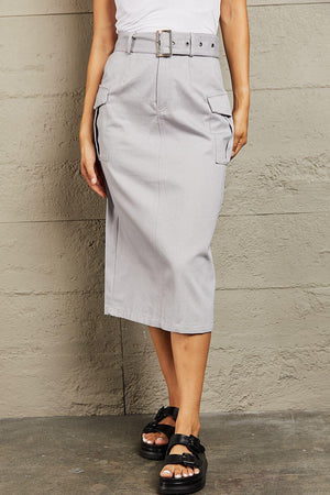 Function And Style Belted Midi Back Slit Skirt - MXSTUDIO.COM