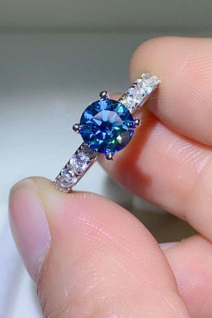 Futuristic Platinum-Plated 1 Carat Blue Moissanite Ring - MXSTUDIO.COM