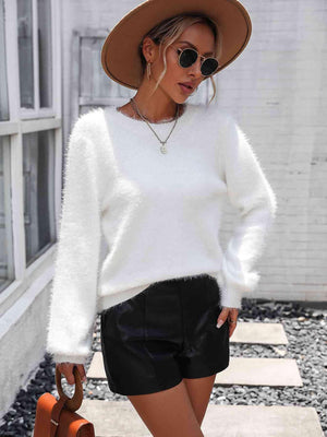 Fuzzy Back Cutout Lace Trim Sweater - MXSTUDIO.COM