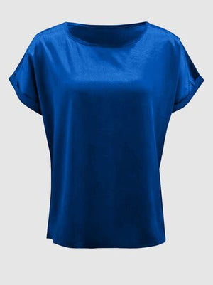 a women's blue top with short sleeves