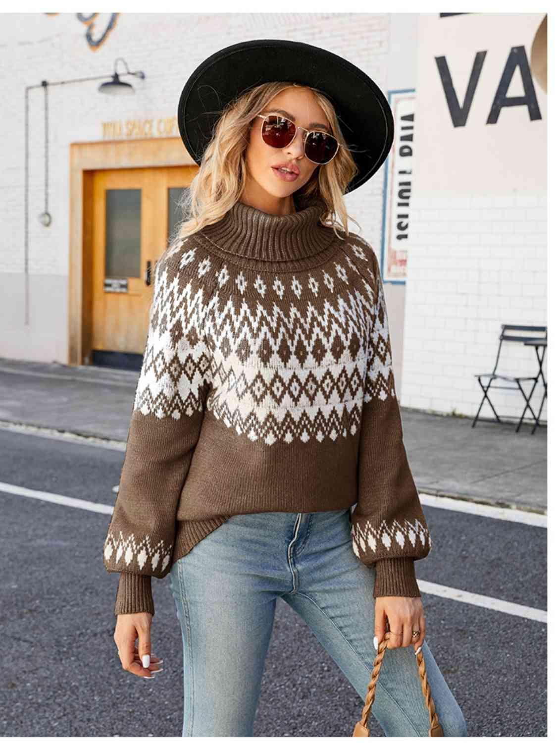 Geometric Pattern Turtleneck Lantern Sleeve Sweater - MXSTUDIO.COM
