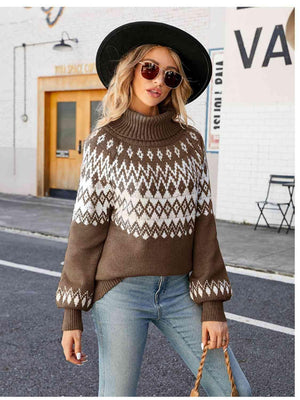 Geometric Pattern Turtleneck Lantern Sleeve Sweater - MXSTUDIO.COM