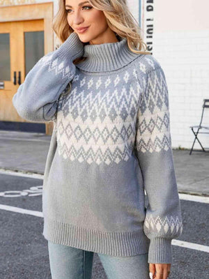 Geometric Pattern Turtleneck Lantern Sleeve Sweater - MXSTUDIO.COM