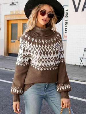 Geometric Pattern Turtleneck Lantern Sleeve Sweater - MXSTUDIO.COM