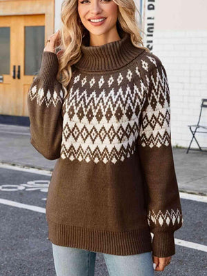 Geometric Pattern Turtleneck Lantern Sleeve Sweater - MXSTUDIO.COM