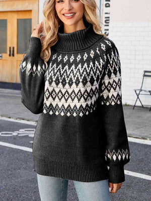 Geometric Pattern Turtleneck Lantern Sleeve Sweater - MXSTUDIO.COM