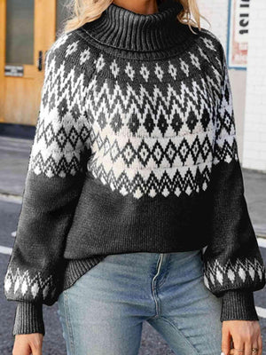 Geometric Pattern Turtleneck Lantern Sleeve Sweater - MXSTUDIO.COM