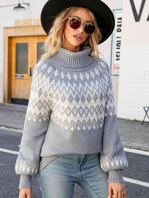 Geometric Pattern Turtleneck Lantern Sleeve Sweater - MXSTUDIO.COM